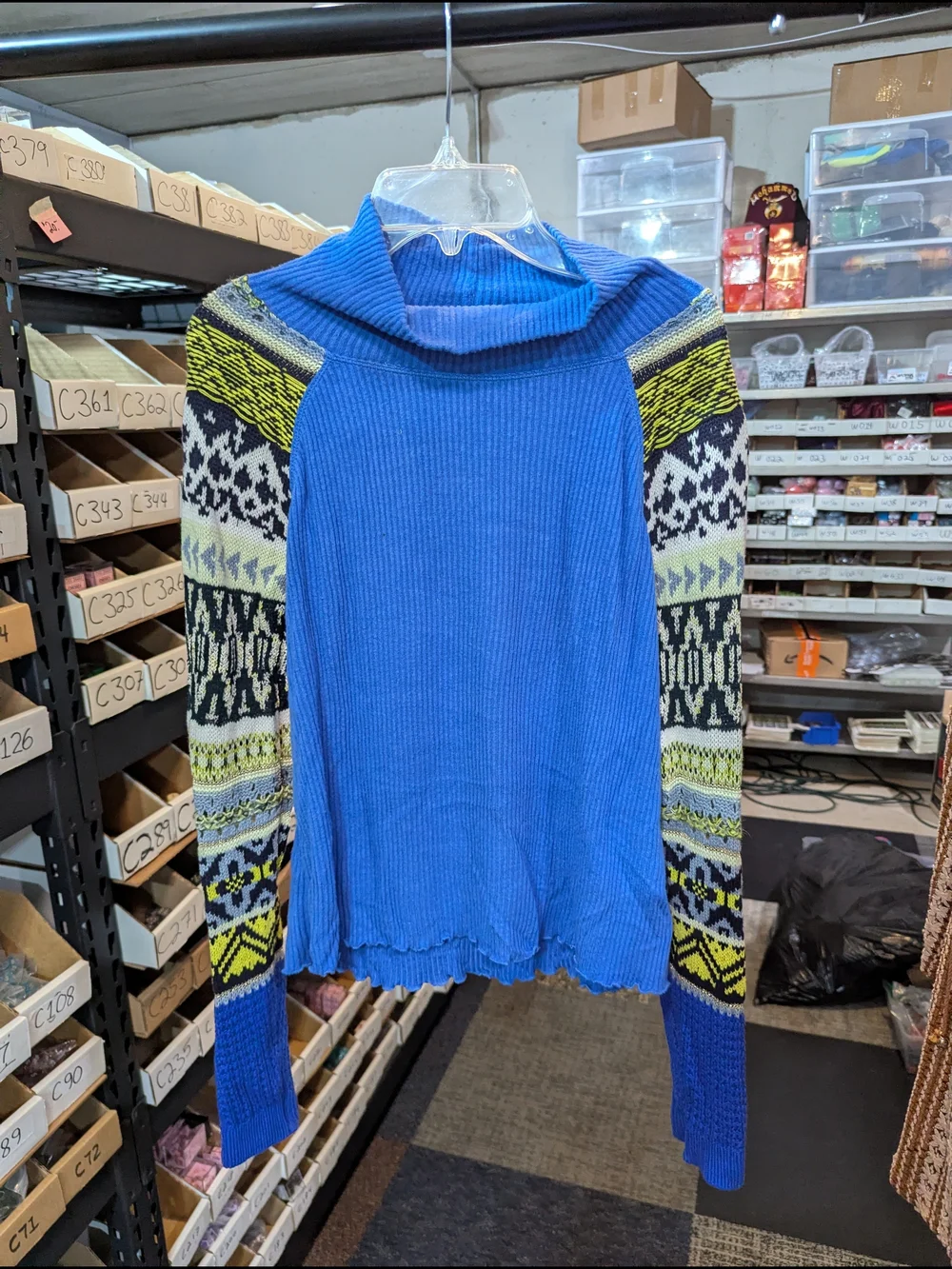 Free People Blue Cowl Neck Sweater with Patterned Sleeves | XS